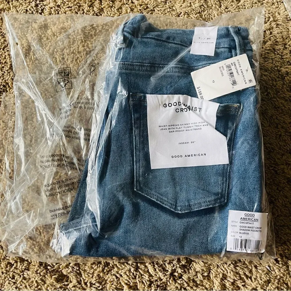 NEW GOOD AMERICAN Good Waist Crop Jean - Shadow Pockets Blue 855 Size 2